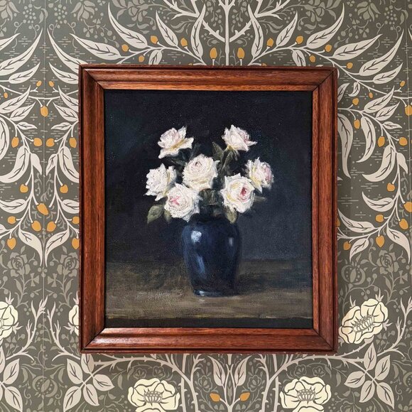 Roses Oil Painting on Canvas in Antique Wood Frame - Picture 1 of 1